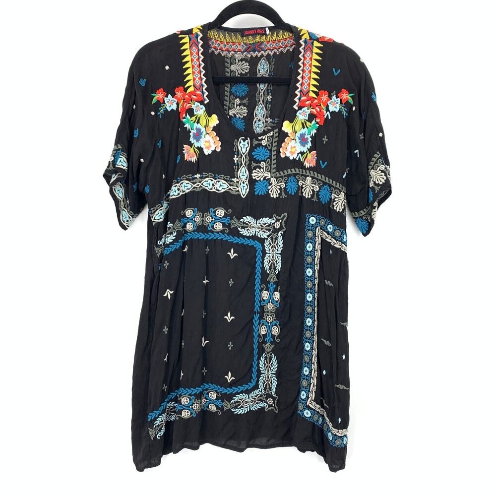 Johnny Was Womens Large Black Embroidered Tunic Top Multicolor Floral Boho